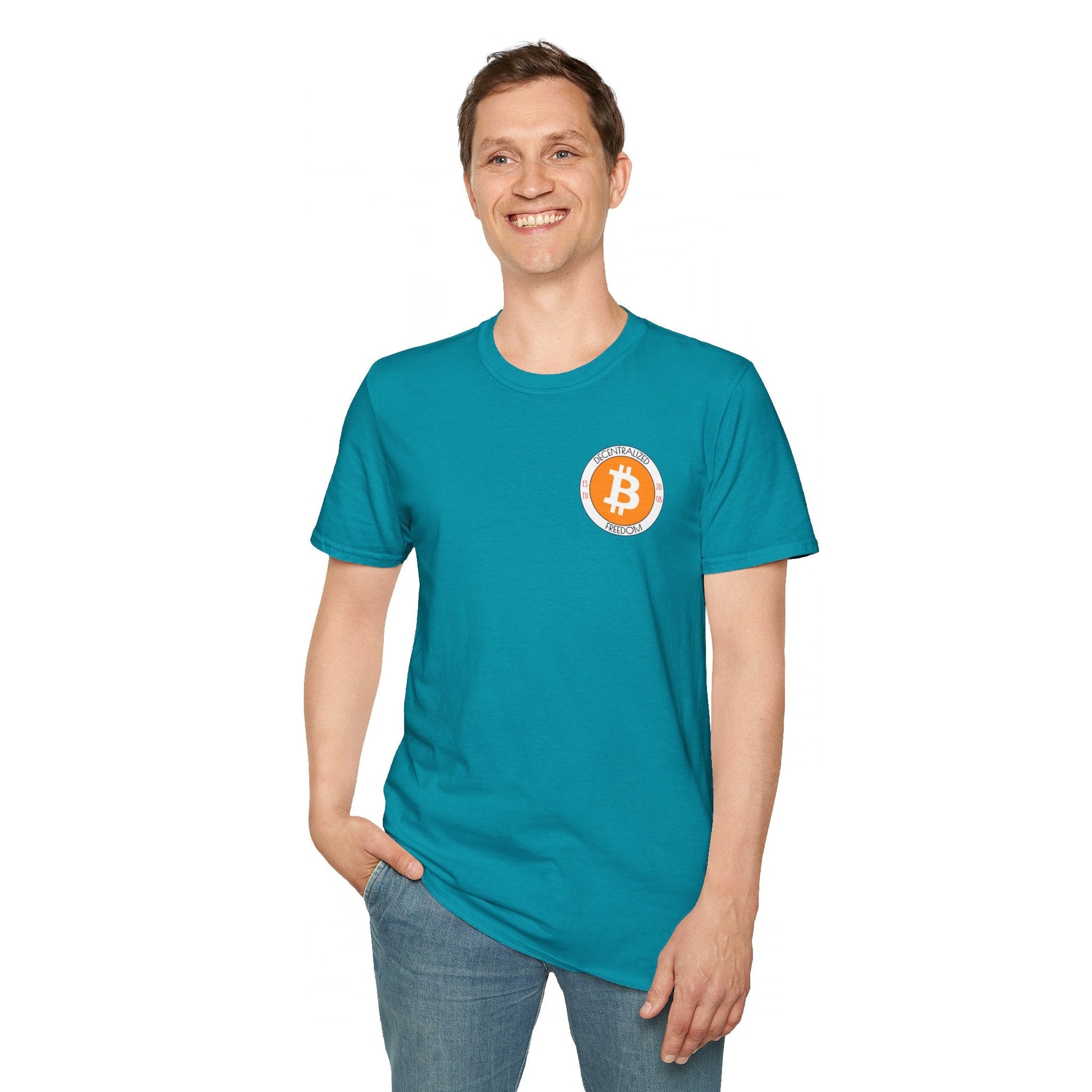 2 - sided Bitcoin (BTC) Decentralized Freedom DKcolors Unisex T-Shirt by cypherpunkgear – cypherpunkgear.com | Cypherpunk Merch