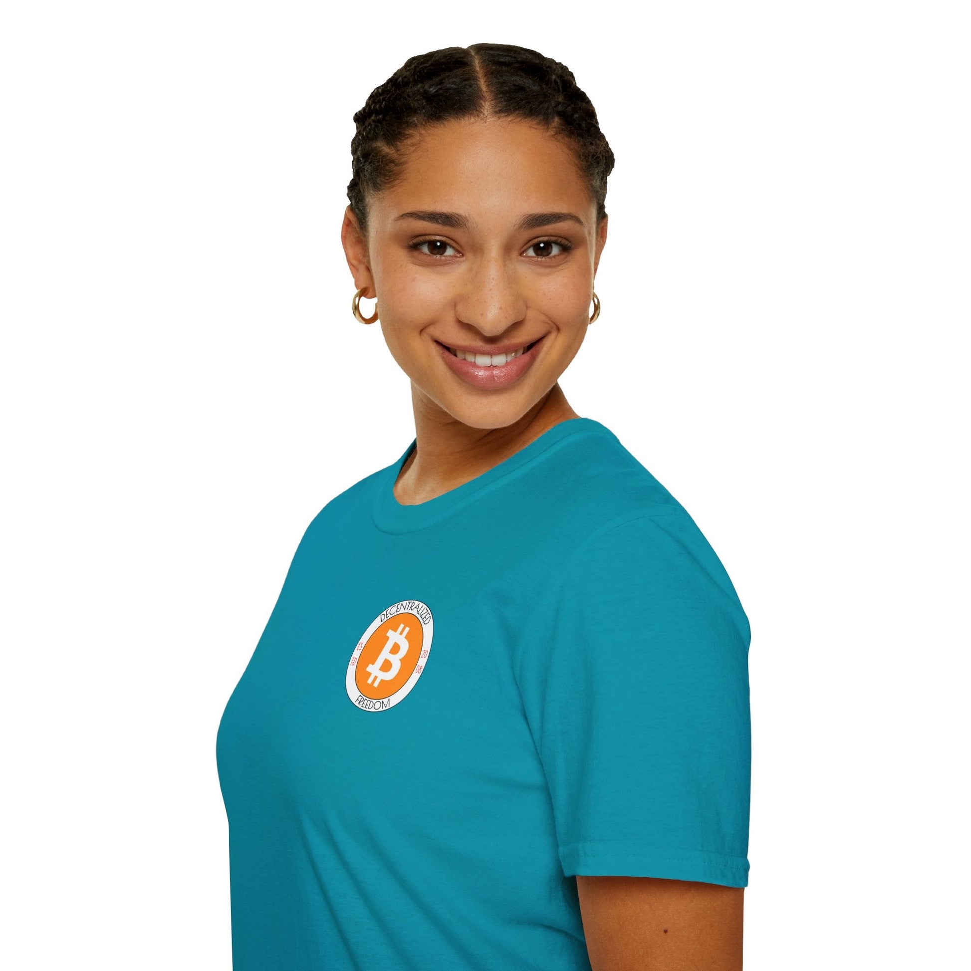 2 - sided Bitcoin (BTC) Decentralized Freedom DKcolors Unisex T-Shirt by cypherpunkgear – cypherpunkgear.com | Cypherpunk Merch