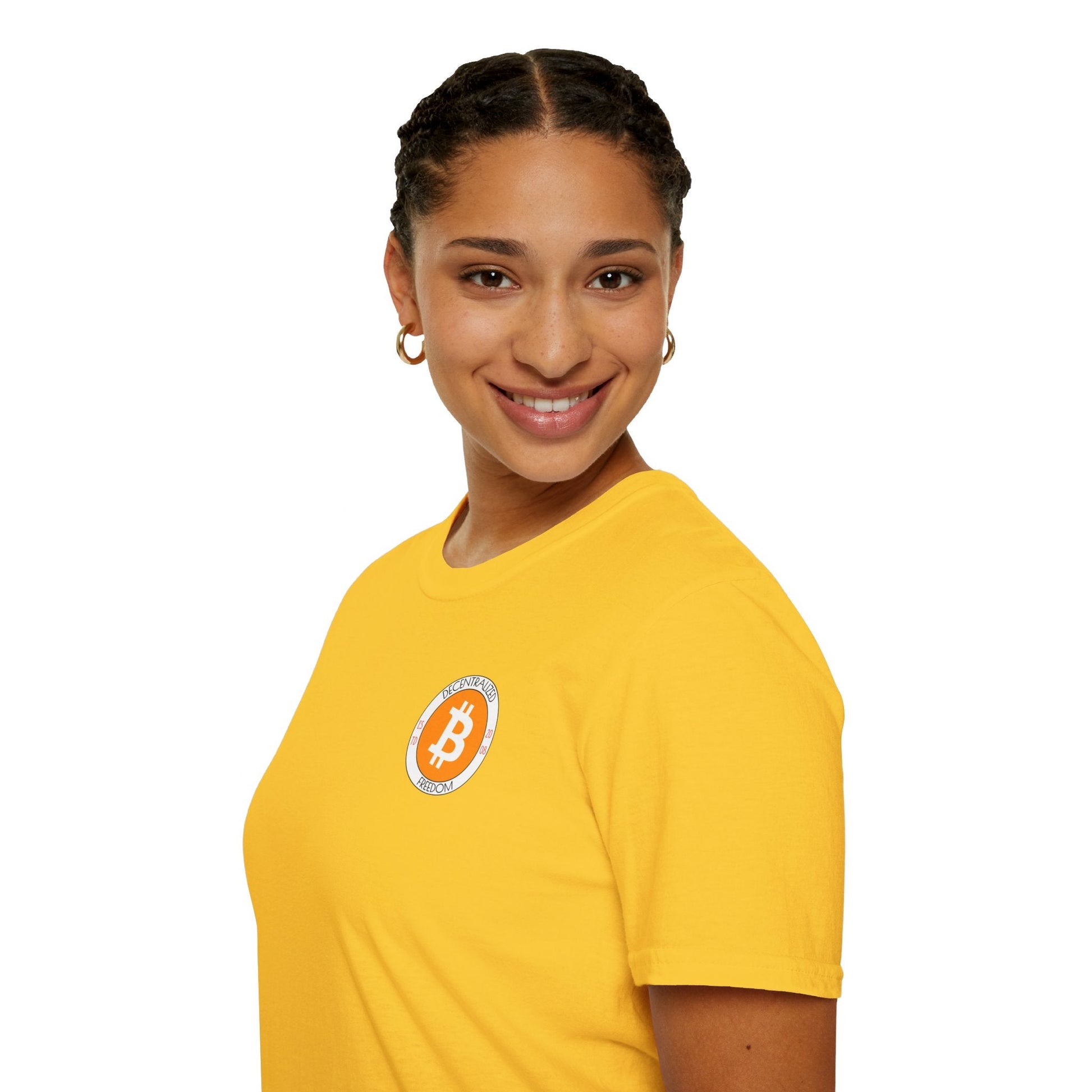 2 - sided Bitcoin (BTC) Decentralized Freedom LTcolors Unisex T-Shirt by cypherpunkgear – cypherpunkgear.com | Cypherpunk Merch