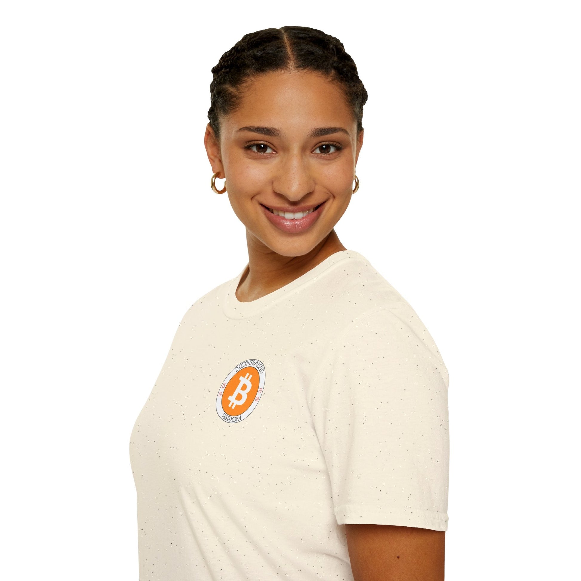 2 - sided Bitcoin (BTC) Decentralized Freedom LTcolors Unisex T-Shirt by cypherpunkgear – cypherpunkgear.com | Cypherpunk Merch