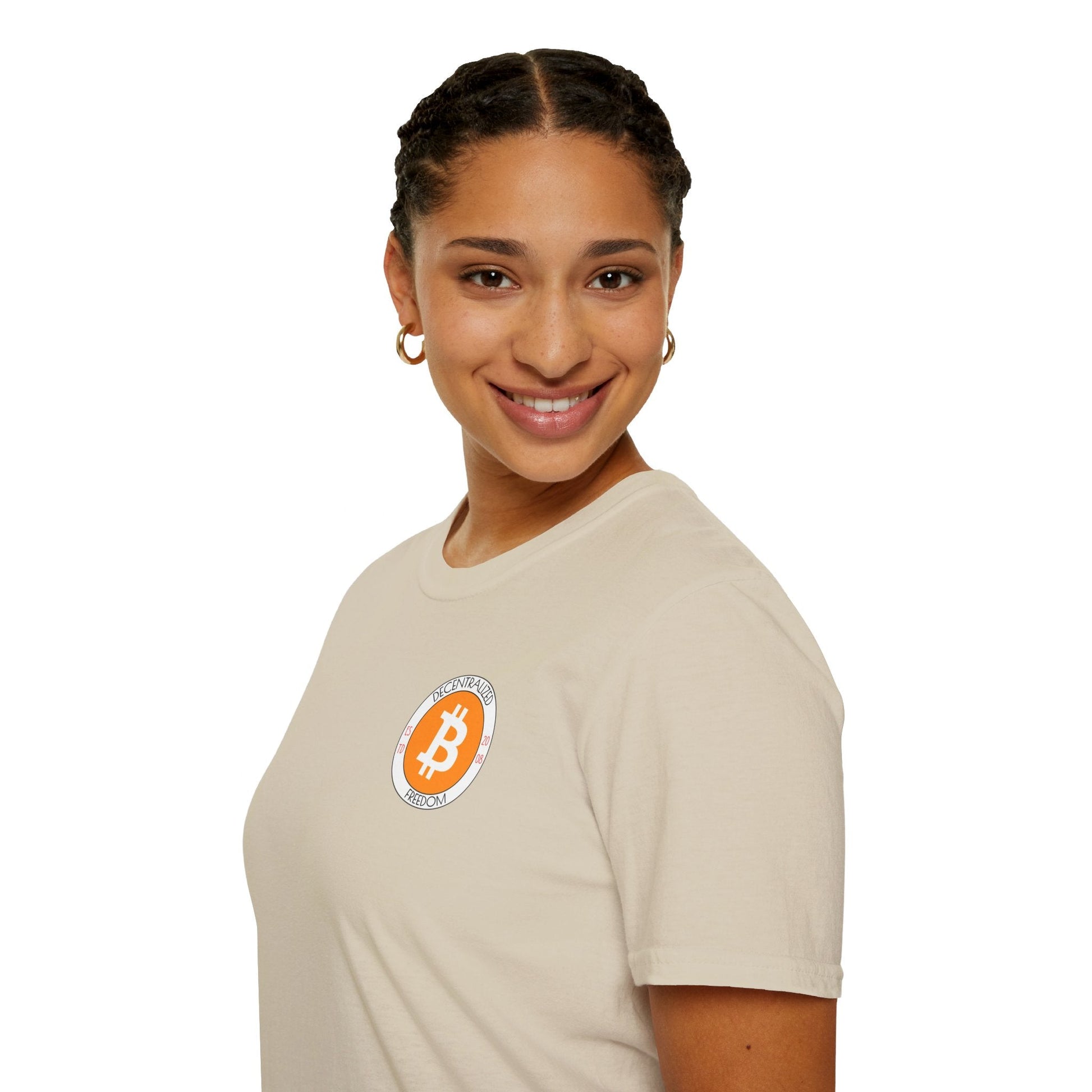 2 - sided Bitcoin (BTC) Decentralized Freedom LTcolors Unisex T-Shirt by cypherpunkgear – cypherpunkgear.com | Cypherpunk Merch