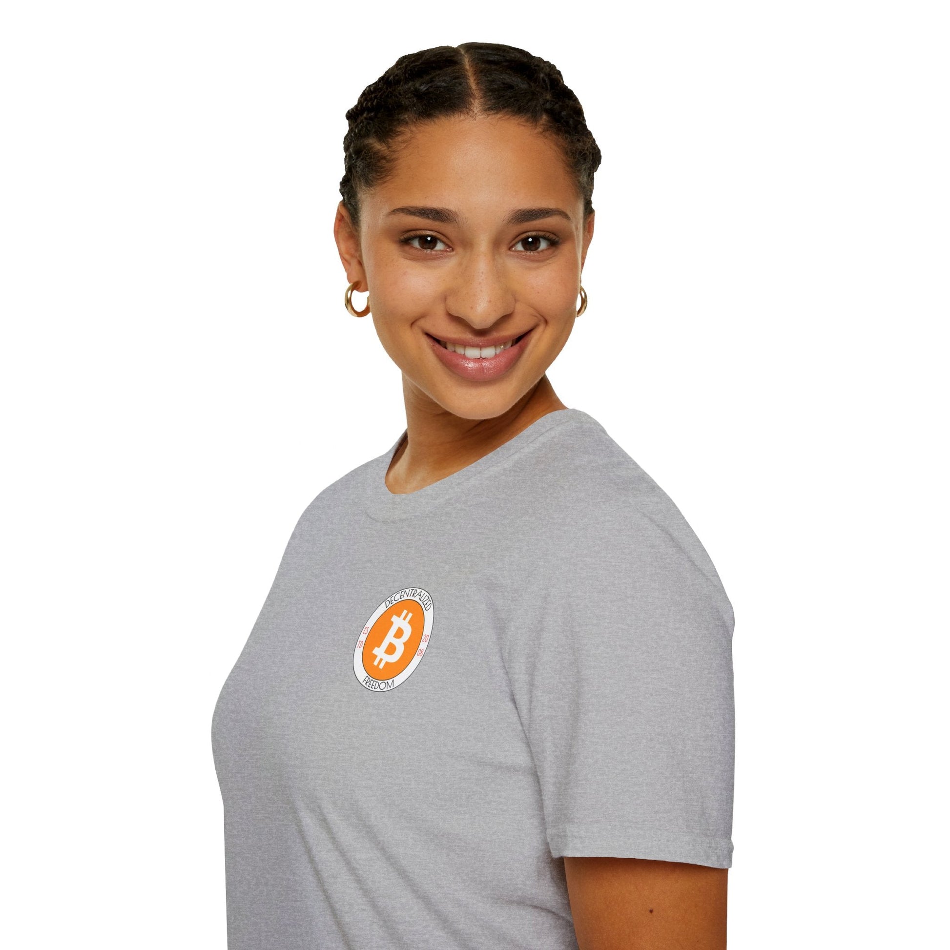 2 - sided Bitcoin (BTC) Decentralized Freedom LTcolors Unisex T-Shirt by cypherpunkgear – cypherpunkgear.com | Cypherpunk Merch
