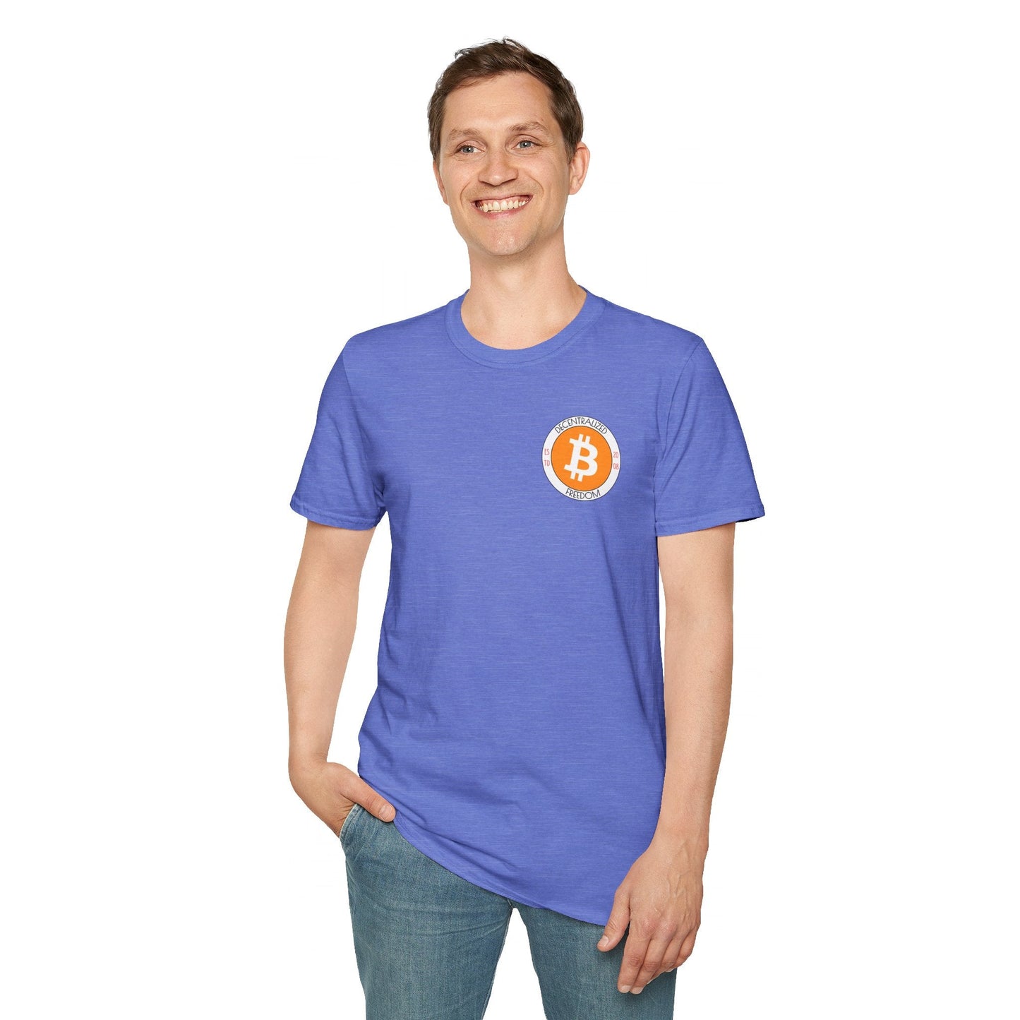 2 - sided Bitcoin (BTC) Decentralized Freedom LTcolors Unisex T-Shirt by cypherpunkgear – cypherpunkgear.com | Cypherpunk Merch
