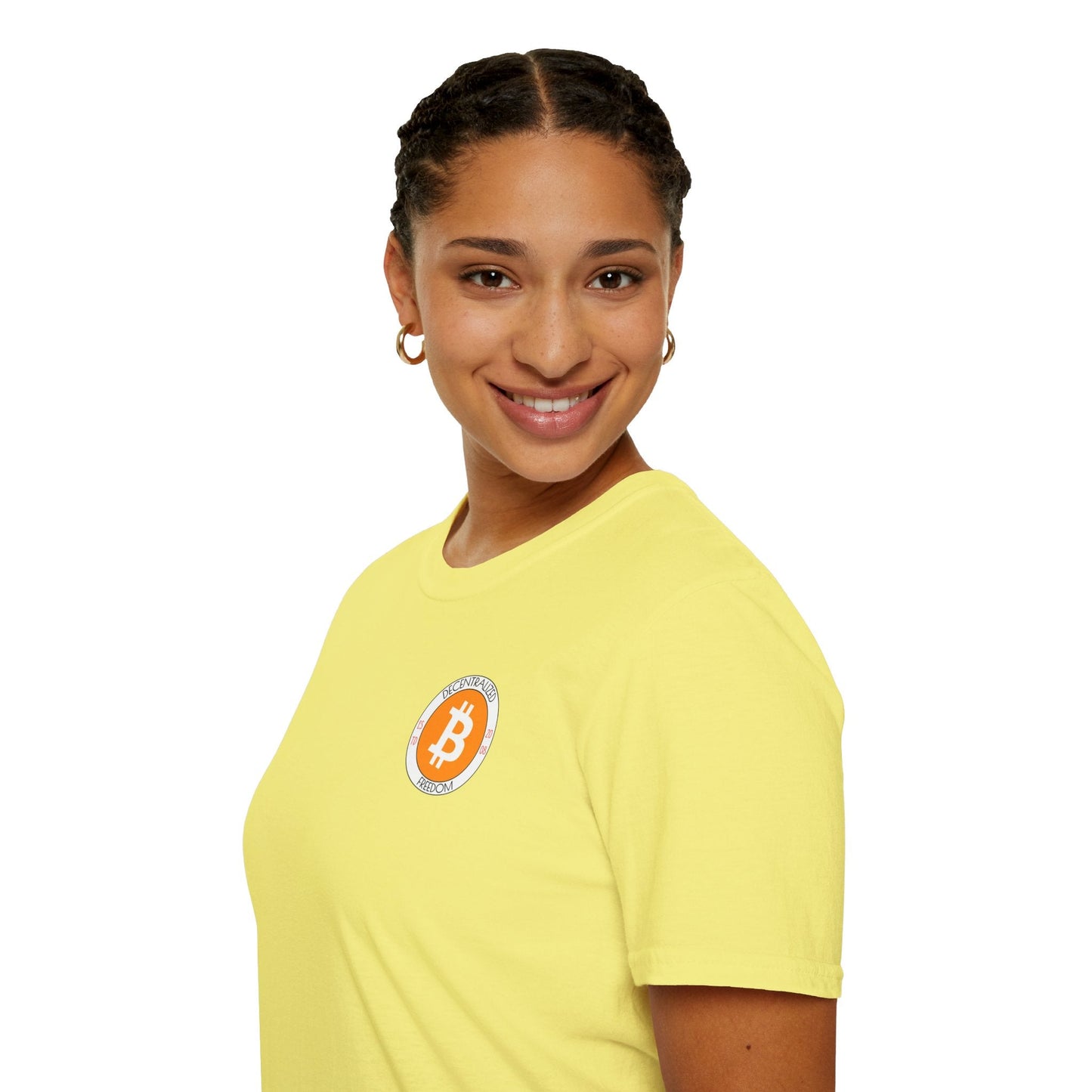 2 - sided Bitcoin (BTC) Decentralized Freedom LTcolors Unisex T-Shirt by cypherpunkgear – cypherpunkgear.com | Cypherpunk Merch