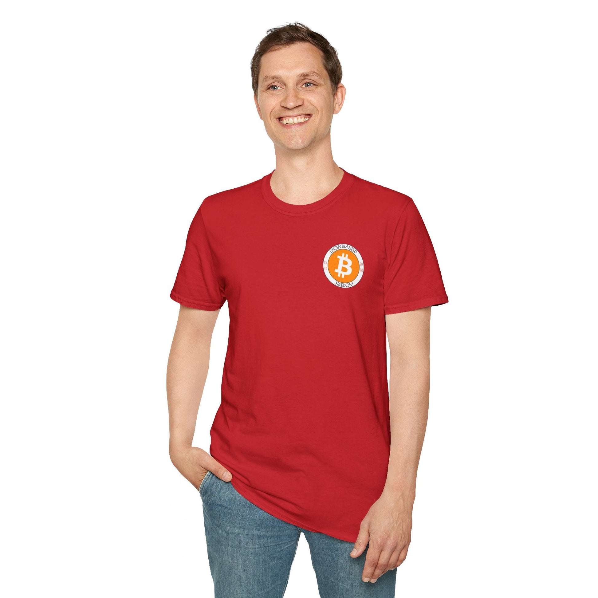 2 - sided Bitcoin (BTC) Decentralized Freedom LTcolors Unisex T-Shirt by cypherpunkgear – cypherpunkgear.com | Cypherpunk Merch