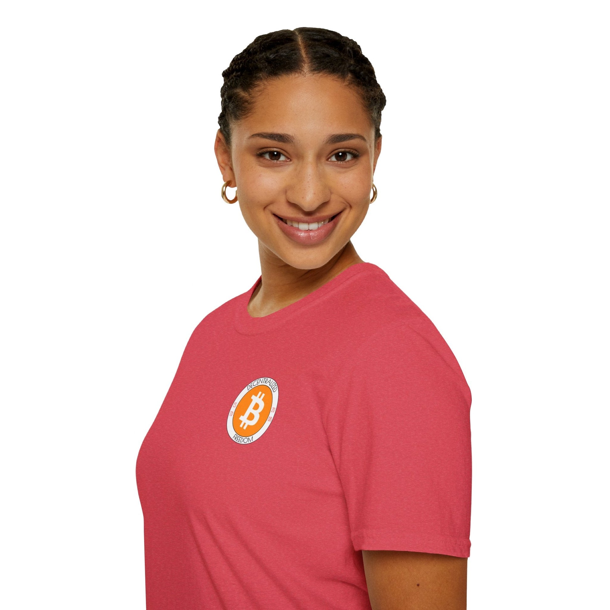 2 - sided Bitcoin (BTC) Decentralized Freedom LTcolors Unisex T-Shirt by cypherpunkgear – cypherpunkgear.com | Cypherpunk Merch