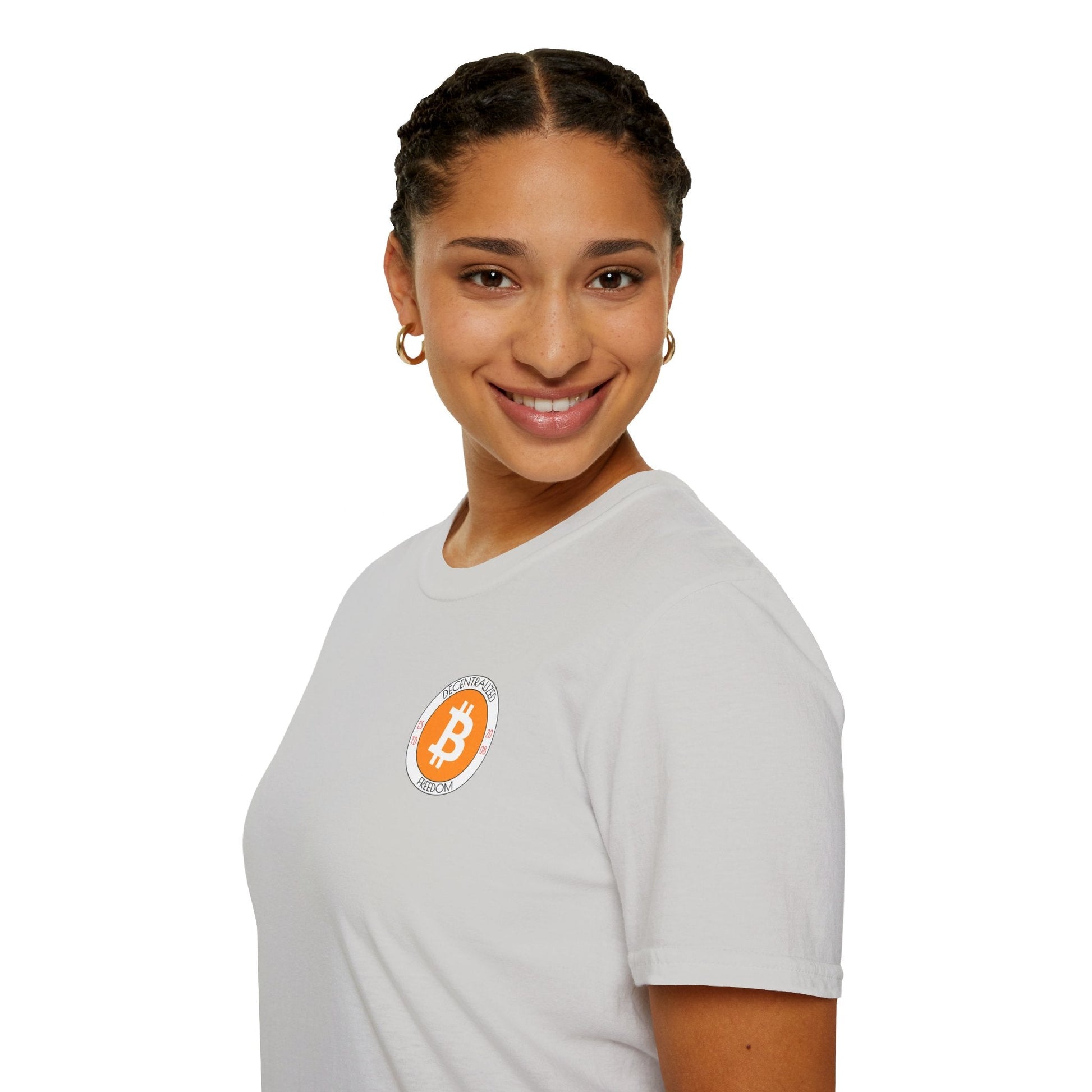 2 - sided Bitcoin (BTC) Decentralized Freedom LTcolors Unisex T-Shirt by cypherpunkgear – cypherpunkgear.com | Cypherpunk Merch
