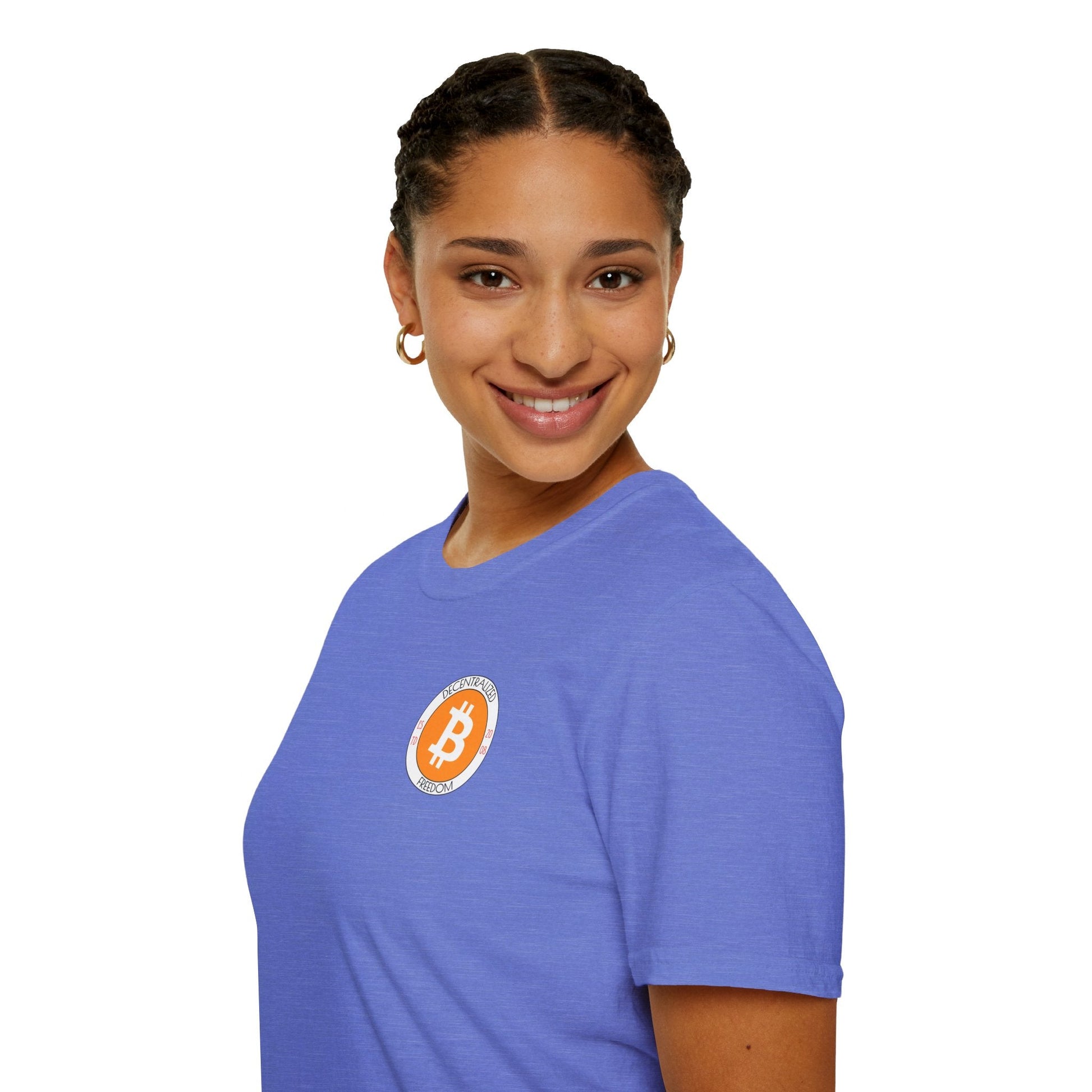 2 - sided Bitcoin (BTC) Decentralized Freedom LTcolors Unisex T-Shirt by cypherpunkgear – cypherpunkgear.com | Cypherpunk Merch