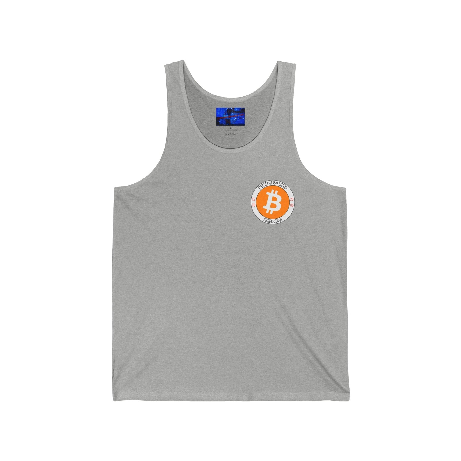 2 - sided Bitcoin (BTC) Decentralized Freedom Unisex Jersey Tank Top by cypherpunkgear – cypherpunkgear.com | Cypherpunk Merch