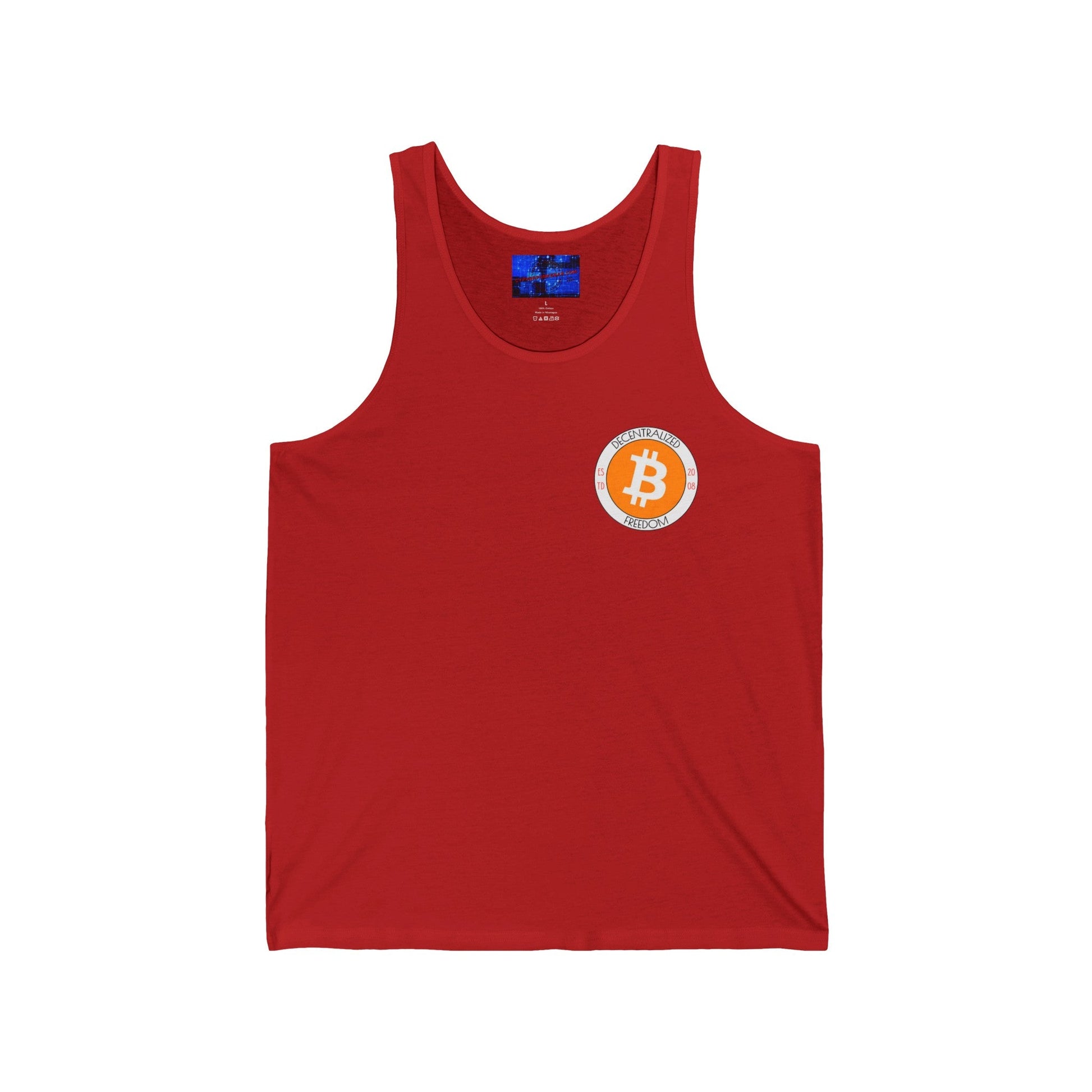 2 - sided Bitcoin (BTC) Decentralized Freedom Unisex Jersey Tank Top by cypherpunkgear – cypherpunkgear.com | Cypherpunk Merch