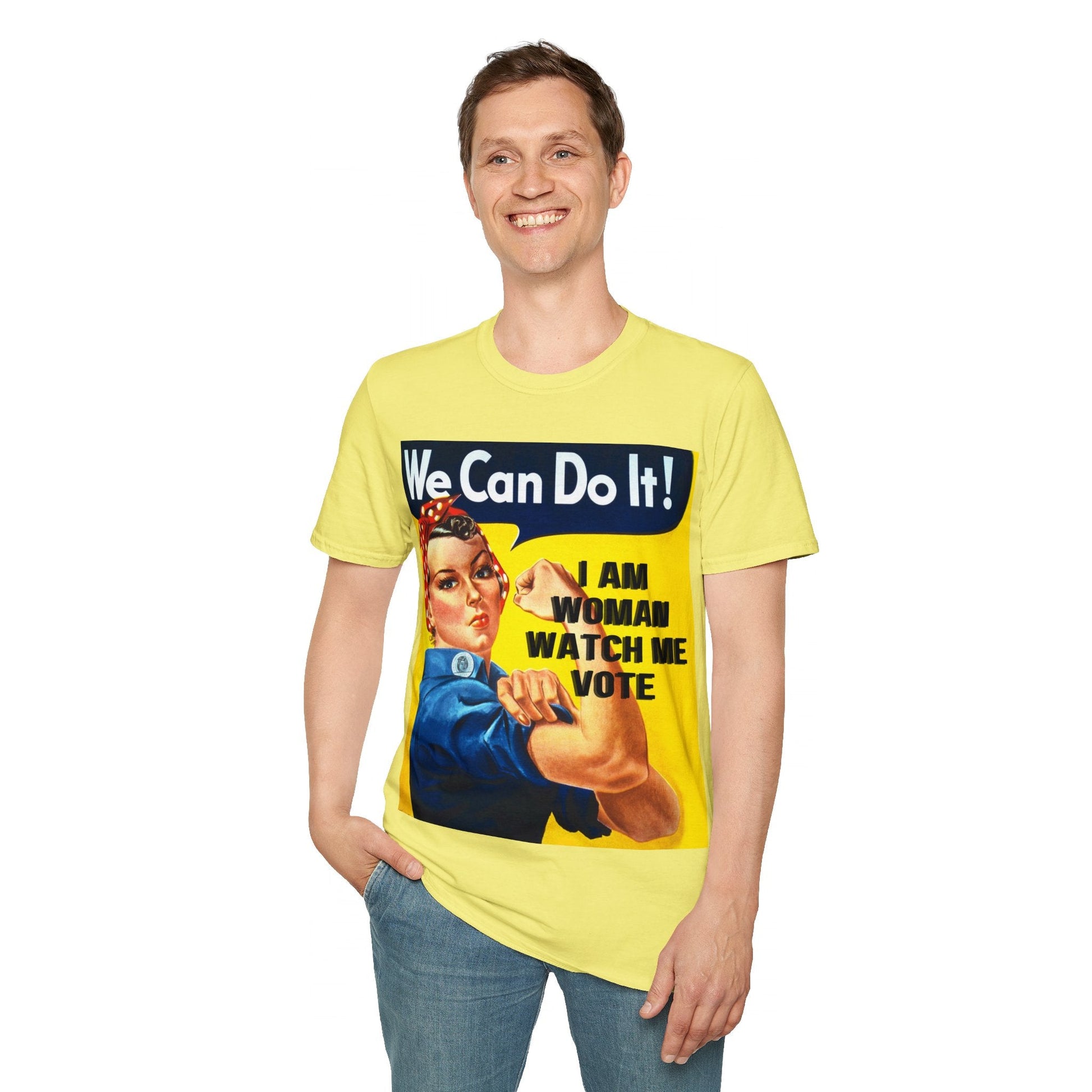 2 - sided I Am Woman Watch Me Vote LTcolors Rosie Unisex T-Shirt by cypherpunkgear – cypherpunkgear.com | Cypherpunk Merch