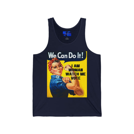 2 - sided I Am Woman Watch Me Vote Rosie Unisex Jersey Tank Top by cypherpunkgear – cypherpunkgear.com | Cypherpunk Merch