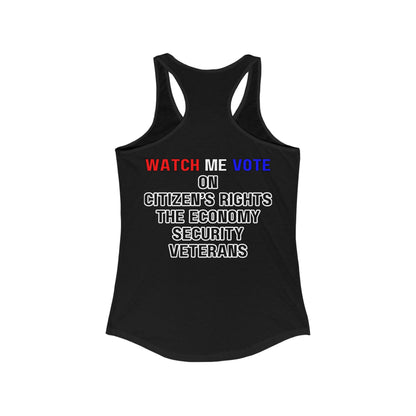 2 - sided I Am Woman Watch Me Vote Rosie Women's Racerback Tank Top by cypherpunkgear – cypherpunkgear.com | Cypherpunk Merch