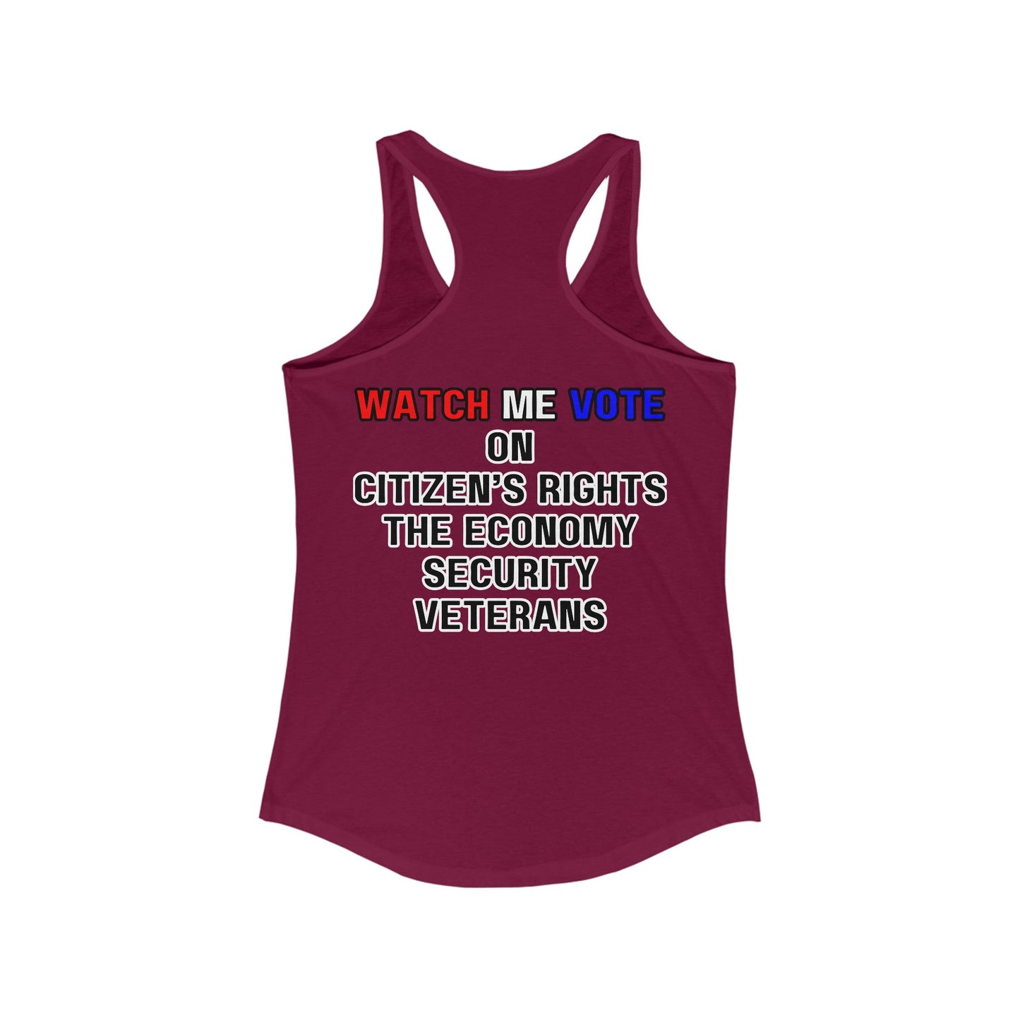 2 - sided I Am Woman Watch Me Vote Rosie Women's Racerback Tank Top by cypherpunkgear – cypherpunkgear.com | Cypherpunk Merch