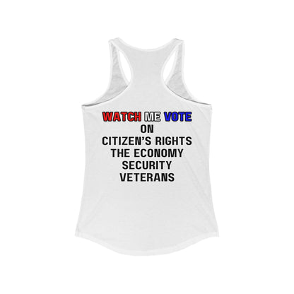 2 - sided I Am Woman Watch Me Vote Rosie Women's Racerback Tank Top by cypherpunkgear – cypherpunkgear.com | Cypherpunk Merch