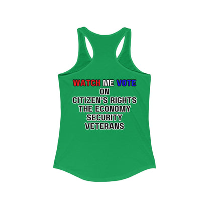2 - sided I Am Woman Watch Me Vote Rosie Women's Racerback Tank Top by cypherpunkgear – cypherpunkgear.com | Cypherpunk Merch