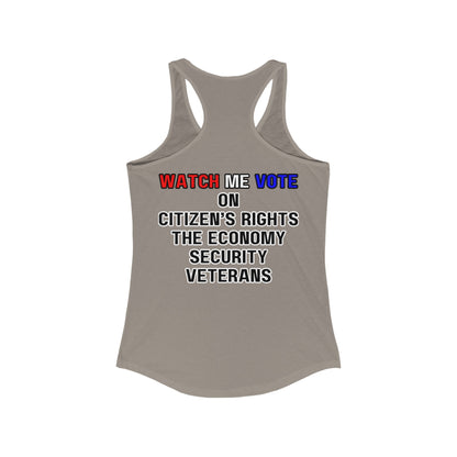 2 - sided I Am Woman Watch Me Vote Rosie Women's Racerback Tank Top by cypherpunkgear – cypherpunkgear.com | Cypherpunk Merch