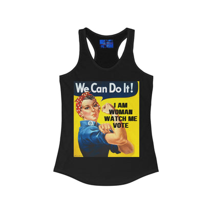 2 - sided I Am Woman Watch Me Vote Rosie Women's Racerback Tank Top by cypherpunkgear – cypherpunkgear.com | Cypherpunk Merch