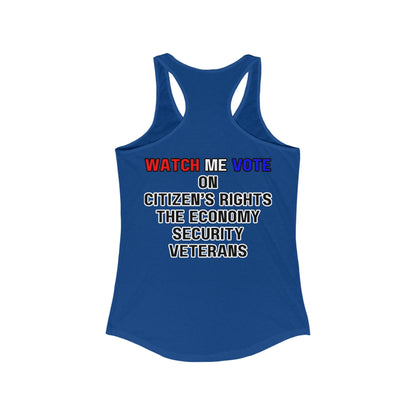 2 - sided I Am Woman Watch Me Vote Rosie Women's Racerback Tank Top by cypherpunkgear – cypherpunkgear.com | Cypherpunk Merch