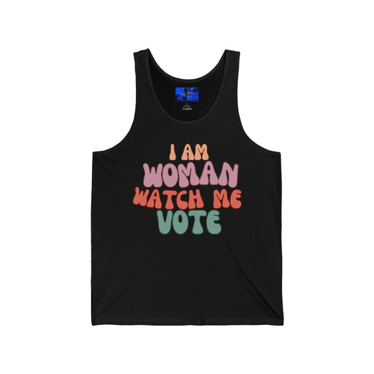 2 - sided I Am Woman Watch Me Vote Unisex Jersey Tank Top by cypherpunkgear – cypherpunkgear.com | Cypherpunk Merch