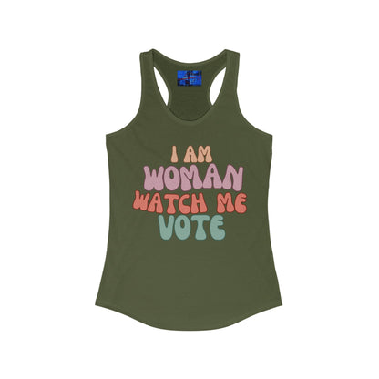 2 - sided I Am Woman Watch Me Vote Women's Racerback Tank Top by cypherpunkgear – cypherpunkgear.com | Cypherpunk Merch