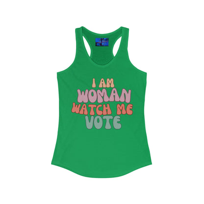 2 - sided I Am Woman Watch Me Vote Women's Racerback Tank Top by cypherpunkgear – cypherpunkgear.com | Cypherpunk Merch