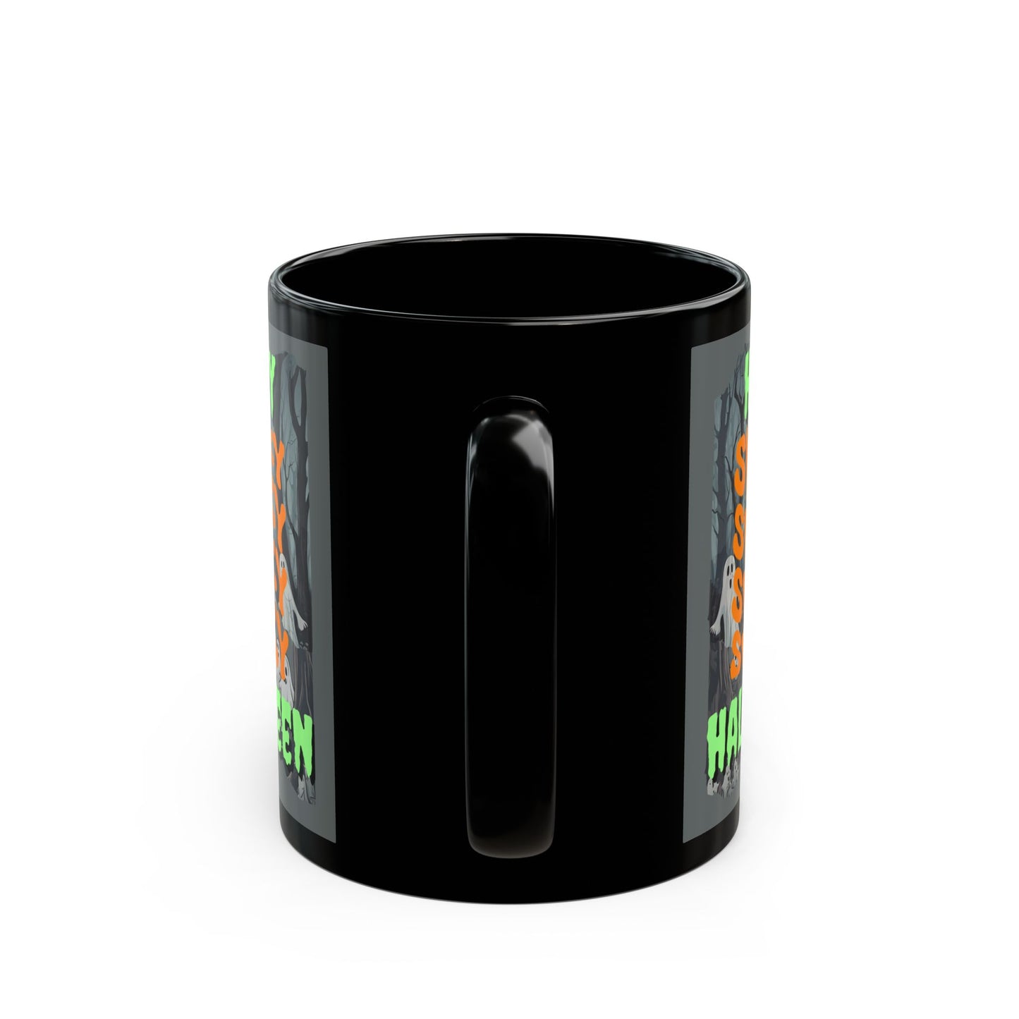 Spooky Happy Halloween Ghost Green font Grey Mug by CreepyCrafts.boo