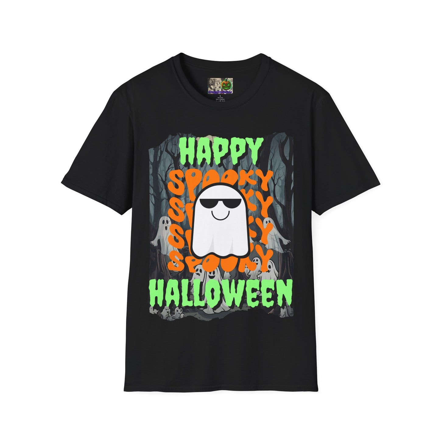 Spooky Happy Halloween Ghost Dark colors Green font Unisex T-Shirt by CreepyCrafts.boo