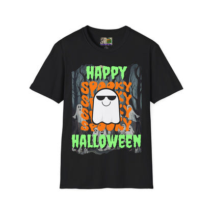 Spooky Happy Halloween Ghost Dark colors Green font Unisex T-Shirt by CreepyCrafts.boo