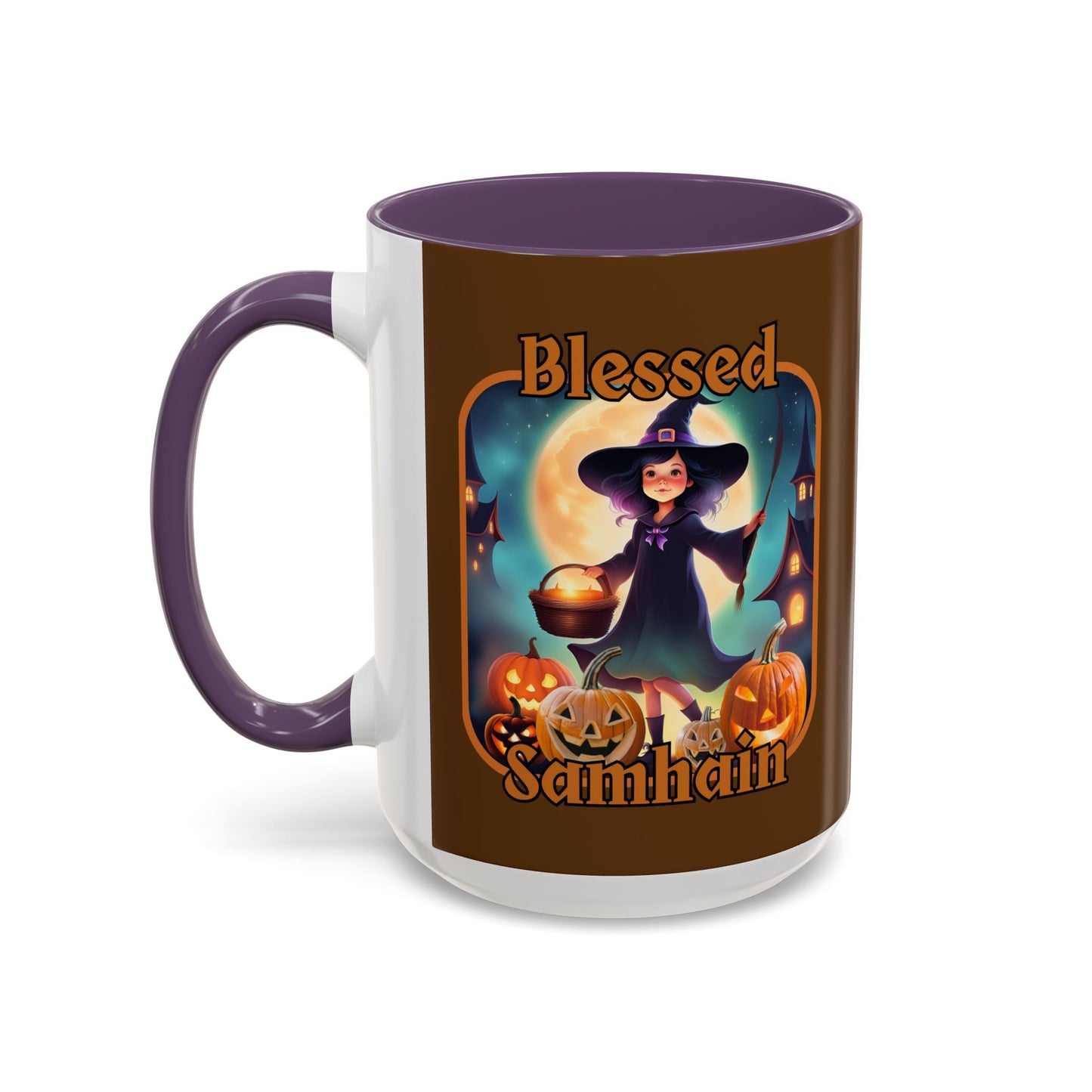 Blessed Samhain Little Witch Orange font Brown Accent Mug by CreepyCrafts.boo