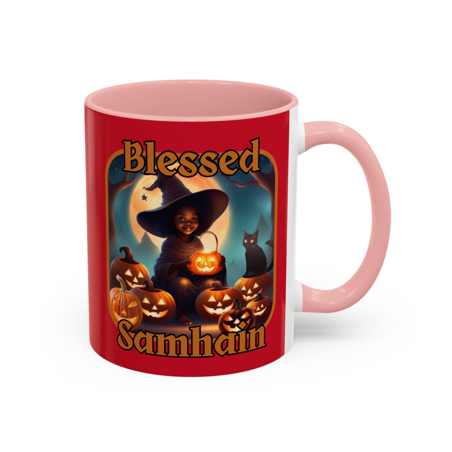 Blessed Samhain Cute Witch Orange font Red Accent Mug by CreepyCrafts.boo