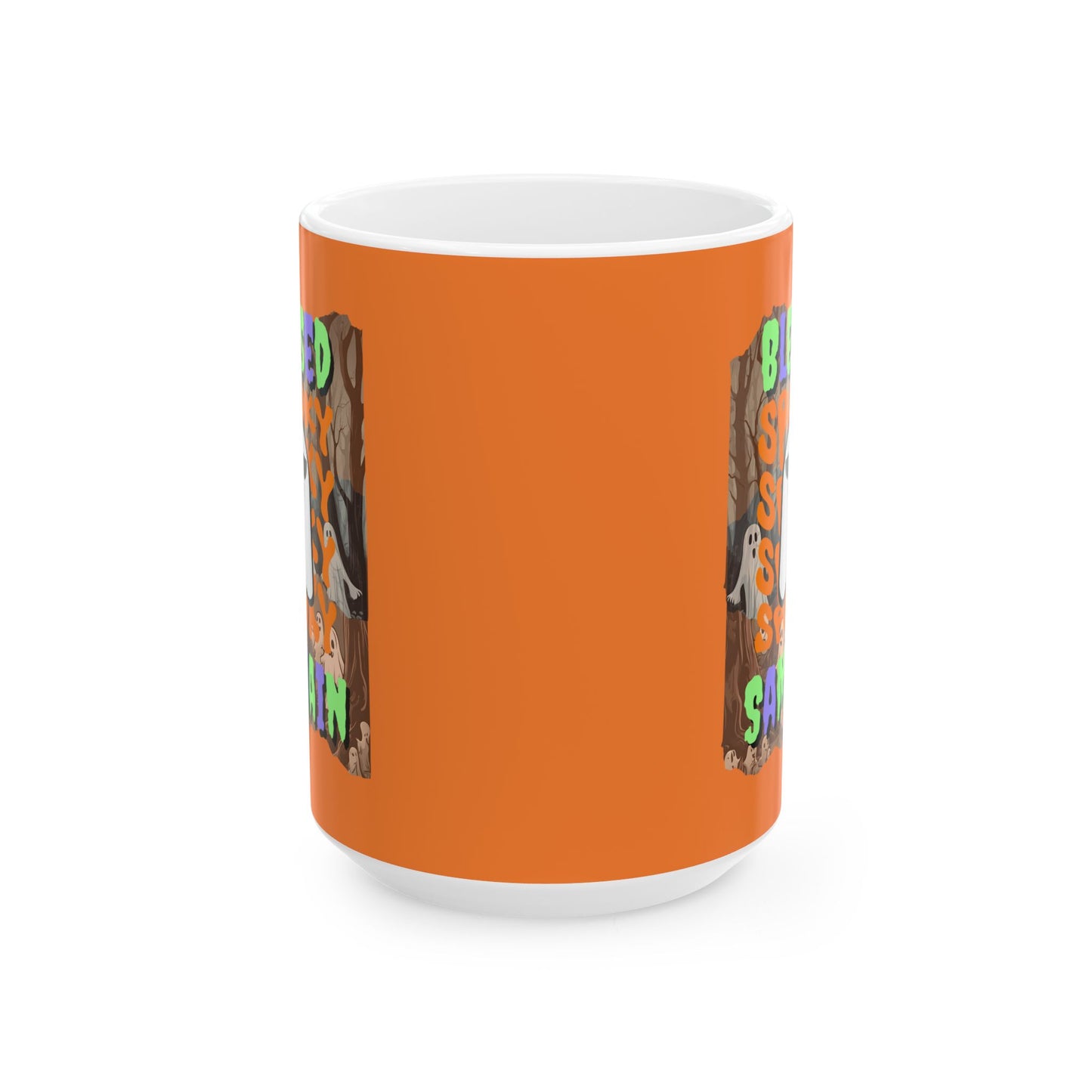Spooky Blessed Samhain Ghost Mixed font Orange Mug by CreepyCrafts.boo