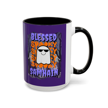 Spooky Blessed Samhain Ghost Purple font Accent Mug by CreepyCrafts.boo
