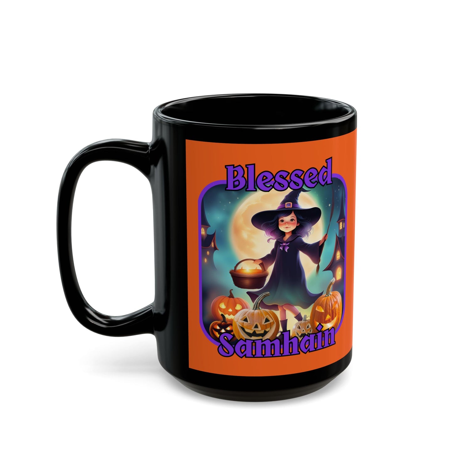 Blessed Samhain Little Witch Purple font Orange Mug by CreepyCrafts.boo