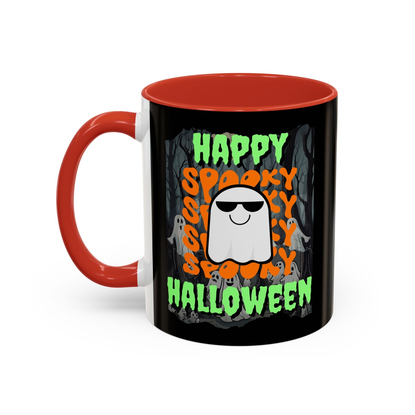 Spooky Happy Halloween Ghost Green font Black Accent Mug by CreepyCrafts.boo