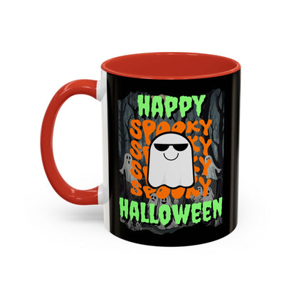 Spooky Happy Halloween Ghost Green font Black Accent Mug by CreepyCrafts.boo