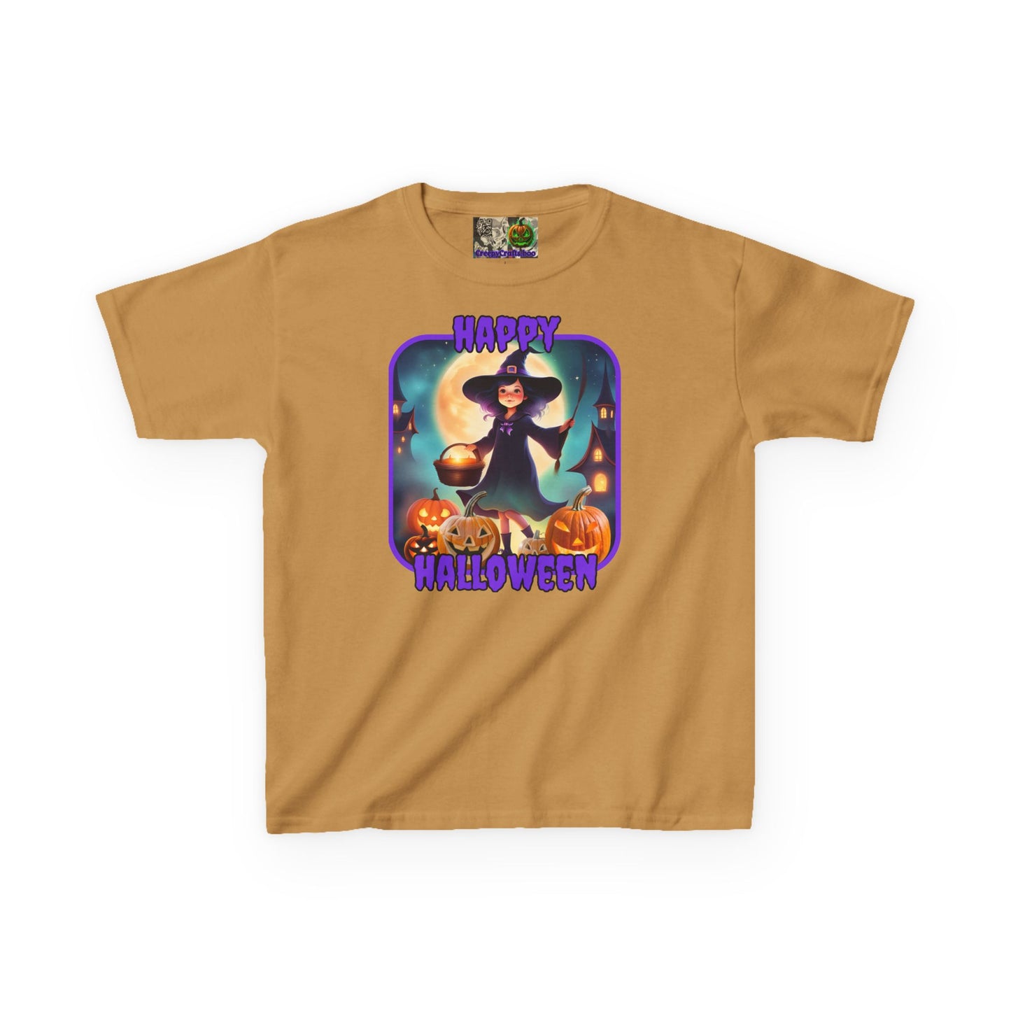 Happy Halloween Little Witch Purple font Kids Heavy Cotton™ Tee by CreepyCrafts.boo
