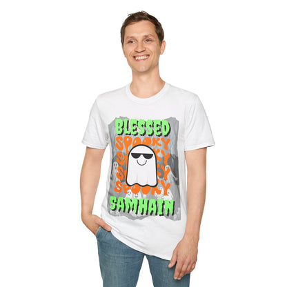 Spooky Blessed Samhain Ghost GNfont Unisex T-Shirt by cypherpunkgear