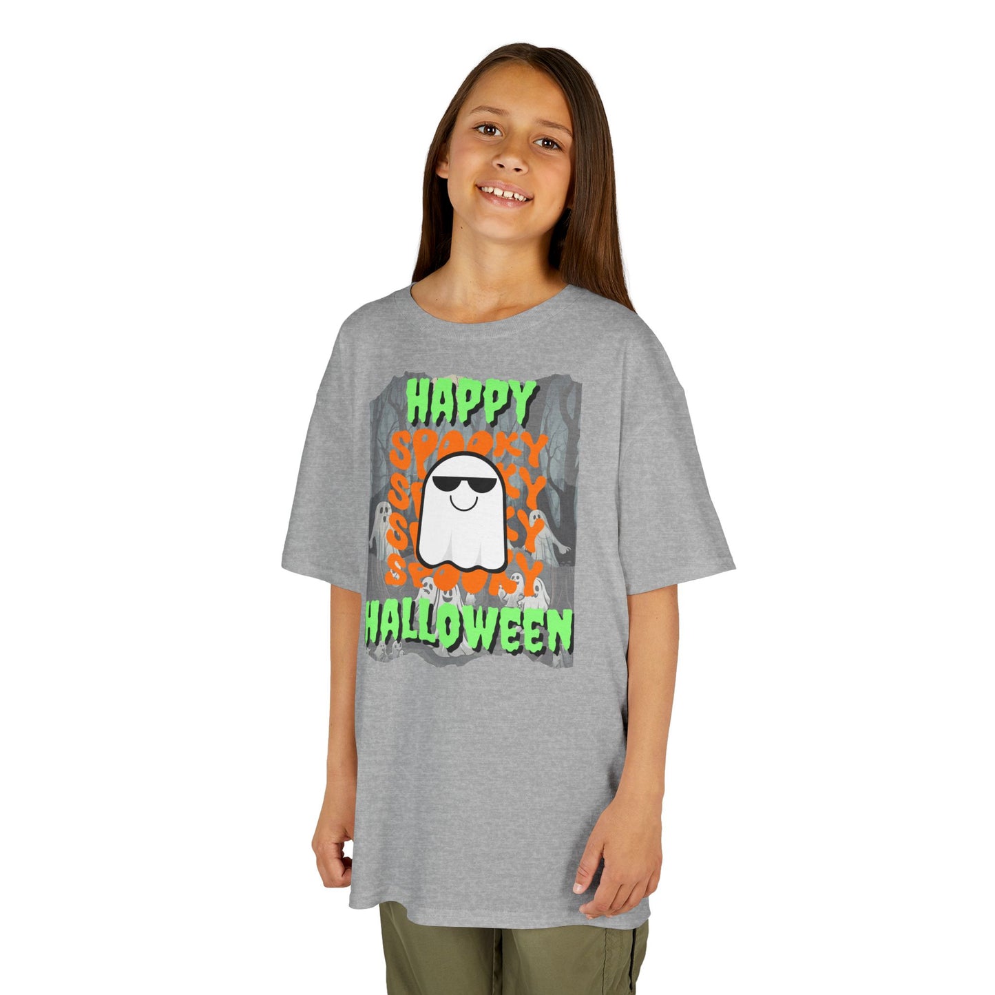 Spooky Happy Halloween Ghost Green font Kids Heavy Cotton™ Tee by CreepyCrafts.boo