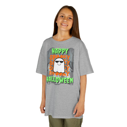 Spooky Happy Halloween Ghost Green font Kids Heavy Cotton™ Tee by CreepyCrafts.boo