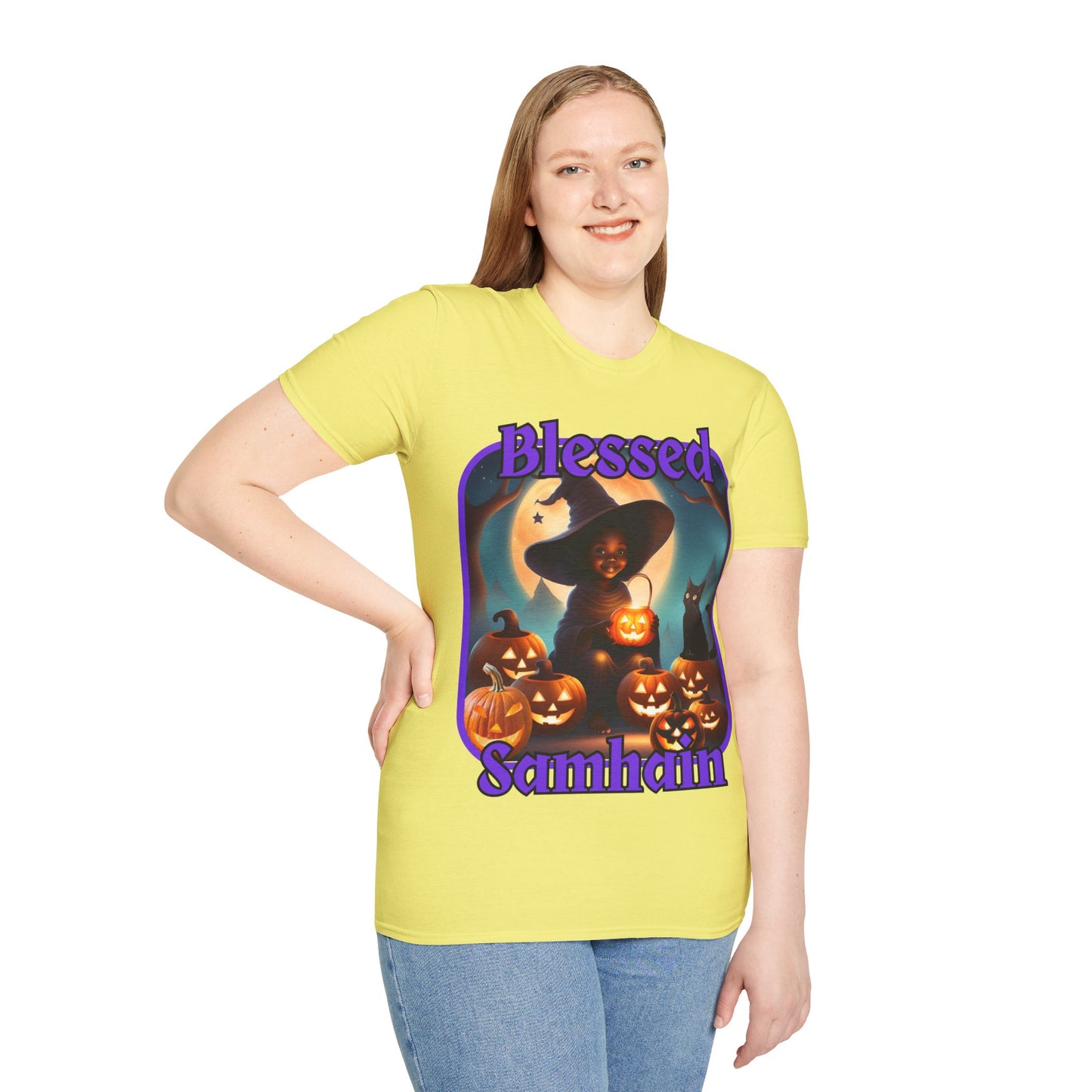 Blessed Samhain Cute Witch Purple font Light colors Unisex T-Shirt by CreepyCrafts.boo