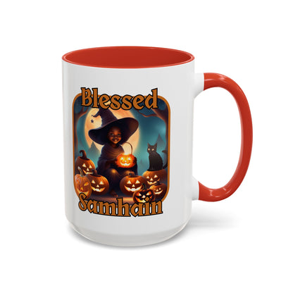 Blessed Samhain Cute Witch Orange font White Accent Mug by CreepyCrafts.boo