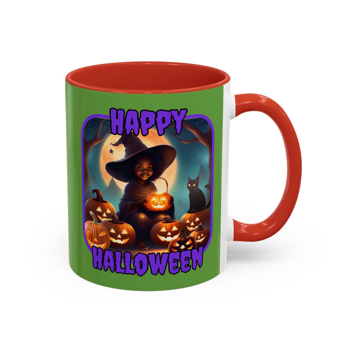 Happy Halloween Cute Witch Purple font Green Accent Mug by CreepyCrafts.boo