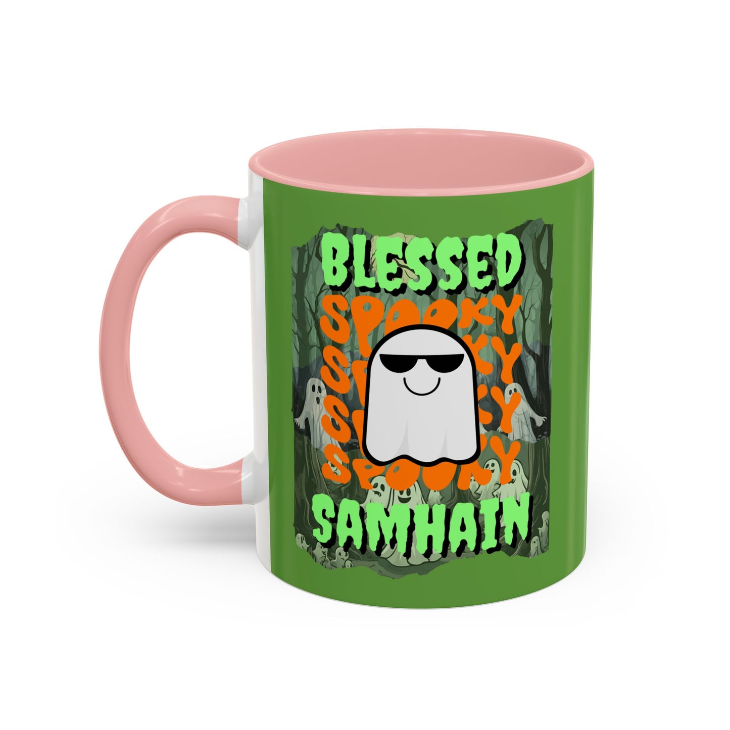 Spooky Blessed Samhain Ghost Green font Accent Mug by CreepyCrafts.boo