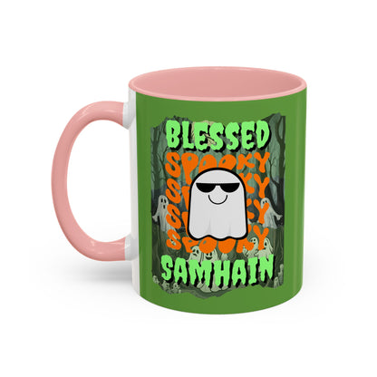 Spooky Blessed Samhain Ghost Green font Accent Mug by CreepyCrafts.boo