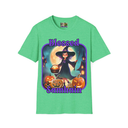 Blessed Samhain Little Witch Purple font Dark colors Unisex T-Shirt by CreepyCrafts.boo