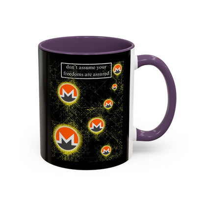 Monero (XMR) don't assume your freedoms are assured Black Accent Mug by cypherpunkgear.com