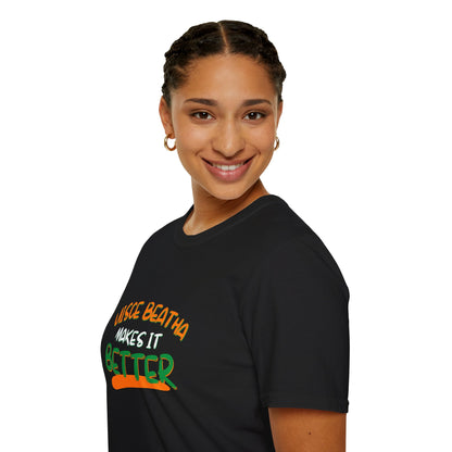 Uisce Beatha makes it better Orange, White, and Green font Dark colors Unisex T-Shirt by cypherpunkgear.com