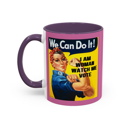 I Am Woman Watch Me Vote Rosie Pink Accent Mug by cypherpunkgear.com