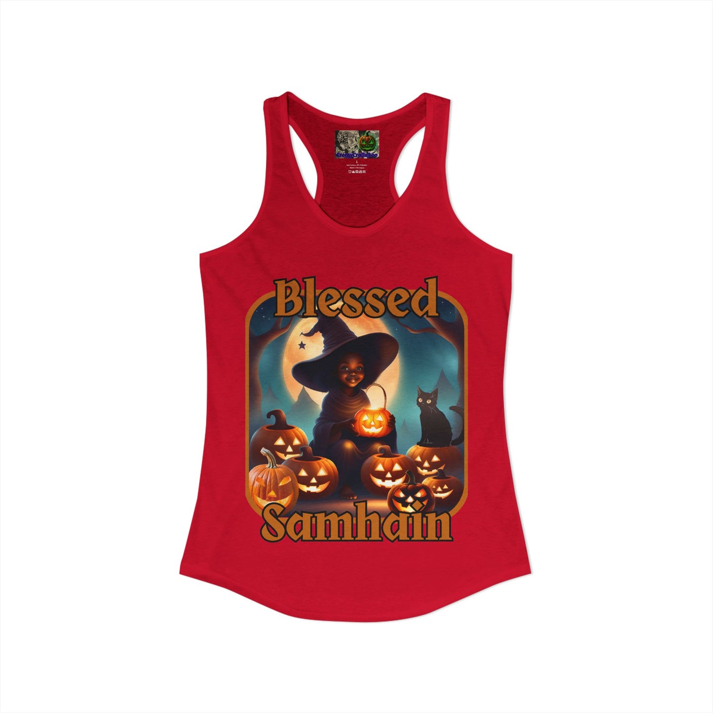 Blessed Samhain Cute Witch Orange font Women's Racerback Tank Top by CreepyCrafts.boo